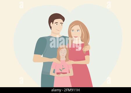 Niedliche Vektor-Illustration von Familie-Vater, Mutter und Dauther, hält einen Topf mit kleinen wachsenden Pflanze. Familienkonzept. Stock Vektor