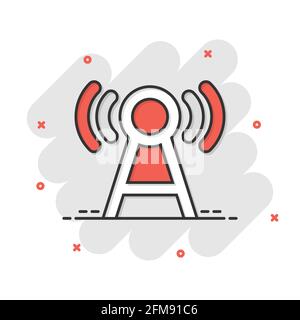Antennenturm-Ikone im Comic-Stil. Broadcasting Cartoon Vektor-Illustration auf weißem Hintergrund isoliert. Business-Konzept mit WiFi-Splash-Effekt. Stock Vektor