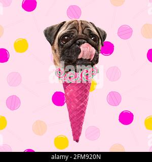 Zeitgenössische Kunstcollage, modernes Design. Sommerstimmung. Eiscreme aus Hundekopf auf hellrosa Hintergrund Stockfoto