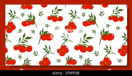 Nahtloser Tomatenhintergrund. Muster zum Thema Gemüse. Rote Tomaten auf weißem Hintergrund. Küchentextilien-Design. Sommerliches Muster Stock Vektor