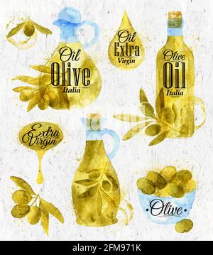 Pointer gezeichnet gießen mit Aquarell Zweige von Oliven-und Olivenöl-Flaschen Schriftzug Getränk Öl Olive extra Virgin Italia, Oliven Öl Italia mit Splas Stock Vektor
