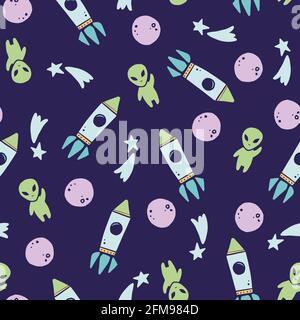 Niedliche kindliche nahtlose Muster von Raum-Elemente, ufo, Rakete, Planet, alien, Satellit. Handgezeichnete Cartoon Kinder Stil. Vektor-Illustration für Stoff, Textil, Tapete, Hintergrund. Stock Vektor