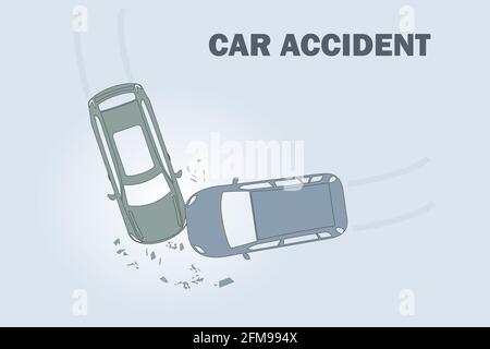 Fahrzeugunfall. Kollision auf der Straße. Autounfall. Beschädigter Transport. Katastrophe bei der Stadtfahrt. Zwei zertrümmerte Fahrzeuge. Kfz-Versicherung. Vektorgrafik für Aktien Stock Vektor
