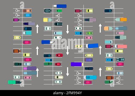 Blick von oben auf den Parkplatz. Viele Autos auf dem Parkplatz. Verschiedene Fahrzeuge auf dem Parkplatz von oben. Straßenverkehrskonzept. Vektorgrafik Stock Vektor