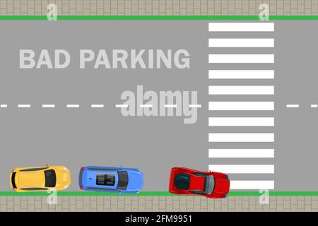 Schlechter Parkplatz. Auto auf dem Fußgängerweg geparkt. Autos Draufsicht. Schlechter oder falscher Parkplatz. Verkehrsvorschriften. Regeln der Straße. Vektorgrafik für Aktien Stock Vektor