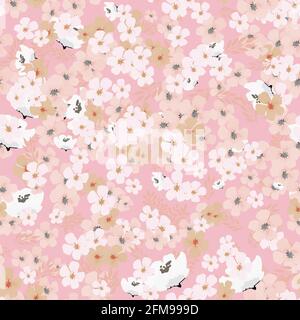Schönes, nahtloses rosa Muster mit winzigen Blüten im Aquarell-Stil. Stock Vektor