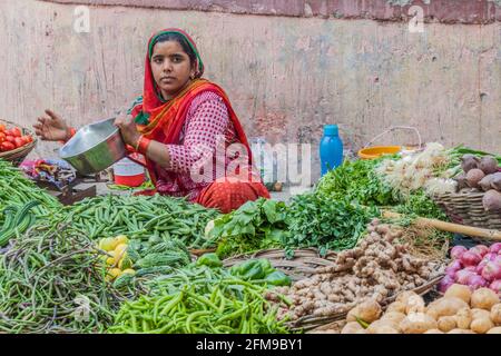 UDAIPUR, INDIEN - 14. FEBRUAR 2017: Gemüseverkäufer in Udaipur, Rajasthan Staat, Indien Stockfoto