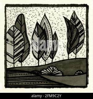 Abstrakte dekorative Landschaft Aquarell Illustration. Ruhiger Aquarell-Hintergrund mit Bäumen, Büschen und Hügeln. Aquarellmalerei mit schwarzer Farbkontur und Mustern. Poster, Hintergrund, Karte. Stockfoto