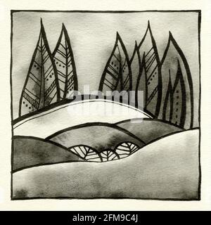 Abstrakte dekorative Landschaft Aquarell Illustration. Ruhiger Aquarell-Hintergrund mit Bäumen, Büschen und Hügeln. Aquarellmalerei mit schwarzer Farbkontur und Mustern. Poster, Hintergrund, Karte. Stockfoto