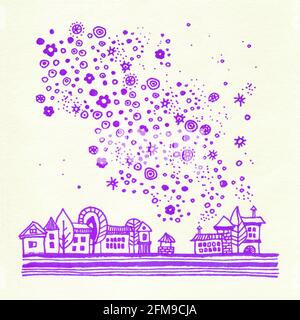 Abstrakte dekorative Landschaft Aquarell Illustration. Ruhiger Aquarell-Hintergrund mit Bäumen, Büschen und Hügeln. Aquarellmalerei mit schwarzer Farbkontur und Mustern. Poster, Hintergrund, Karte. Stockfoto