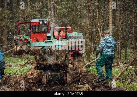 Ein Raupentraktor fährt durch eine Waldlichtung. Ein industrieller Bulldozer steckt im Schlamm fest. Lastwagen laufen im Boden Stockfoto
