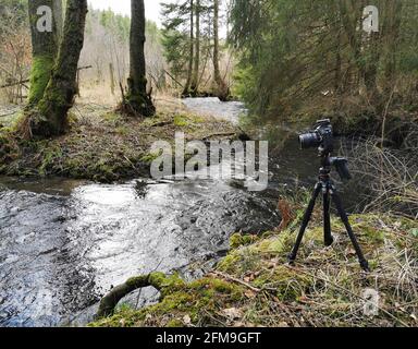 Ein Kamerastativ steht an einem Fluss in einem Wald. Es wird ein Foto gemacht, das sehr lange belichtet wird. Dies erzeugt Schüsse von seidigem Wasser. Die Ca Stockfoto