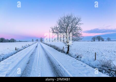 Sonnenaufgang in Wiesmoor, Eastfrisa an einem kalten Wintermorgen mit Schnee und einem bunten Sonnenaufgang. Stockfoto