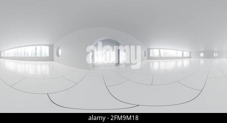 Vollständige apherische 360 Grad Panoramasicht auf leere große moderne Wohnung mit großen Fenstern und Waldblick 3d Rendering Illustration hdri hdr vr Stockfoto