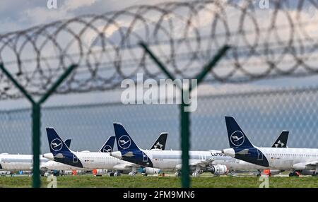 Berlin, Deutschland. Mai 2021. 06. Mai 2021, Brandenburg, Schönefeld: Passagierflugzeuge der Lufthansa stehen auf dem Gelände des Hauptflughafens Berlin-Brandenburg (BER) abseits der Start- und Landebahn. Foto: Patrick Pleul/dpa-Zentralbild/ZB Quelle: dpa picture Alliance/Alamy Live News Stockfoto