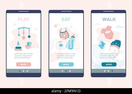 Vorlagen für die Baby-Pflege-Anwendungsseiten für die Mutter. App auf dem Smartphone-Bildschirm. Modernes Handy mit Spielzeug, Symbolen und Elementen für neugeborenes Baby. Hilfe und Stock Vektor