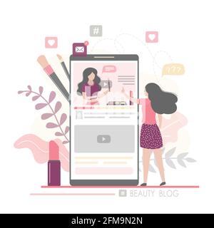 Mode Frau beobachten Schönheit Blog und sprechen auf dem Smartphone. Die Bloggerin spricht über die neuesten Kosmetika. Vlog auf dem mobilen Bildschirm. Community in Stock Vektor