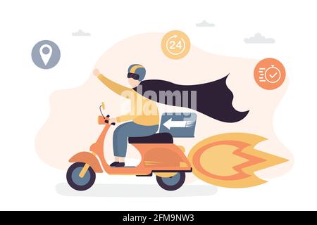 Lustige Lieferung Mann Motorrad fahren. Mann Kurier als Superheld gekleidet. Schnell ausliefern Konzept Hintergrund. Fahrrad mit Flamme. Trendy Stil Vektor illustrat Stock Vektor