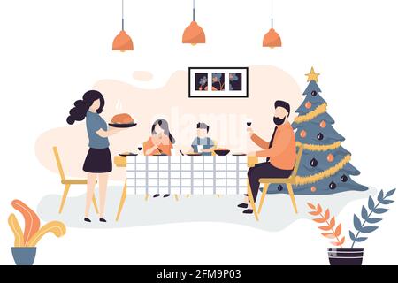 Festliches Essen Familientisch und Weihnachtsgerichte. Fröhliche Menschen Charaktere, Küchentischdecke, Getränke und Essen. Mutter, Vater und Kinder feiern ch Stock Vektor