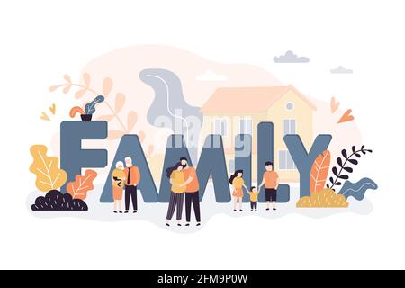 Große Buchstaben-Familie. Kleine Menschen in verschiedenen Posen. Eltern verbringen Zeit mit Kindern. Wochenend-Aktivitäten mit Kindern. Großeltern, Eltern spielen mit chil Stock Vektor