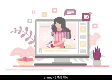 Cooking Video Blog auf Monitor-Display. Food-Blogger erzählt, wie man ein Gericht zubereitet. Die Chefin lehrt, ein neues Rezept zu kochen. Weiblicher Vlogger-Charakter auf Mod Stock Vektor
