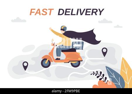 Lustige Lieferung Mann Motorrad fahren. Kurier als Superheld gekleidet. Schnelle Lieferung Konzept Hintergrund. Fahrrad mit Flamme. Navigationskarte. Trendy Stil vec Stock Vektor