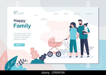 Vorlage für die Landing Page der Happy Family. Eltern mit Tochter und Kinderwagen. Webbanner „Kindheitskonzept“. Die Menschen verbringen den Wochenendtag zusammen. Flacher Vec Stock Vektor