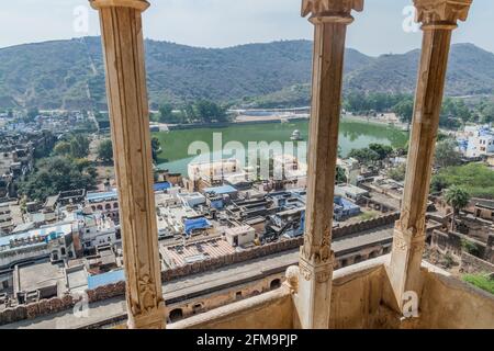 Blick vom Garh Palace in Bundi, Rajasthan Staat, Indien Stockfoto