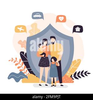 Glückliche Familie und Schutzschild. Banner für das Konzept „Versicherung“, „Gesundheitswesen“. Sicherungsplan, vollständiger Versicherungsschutz im Hintergrund. Niedliche Eltern mit Kindern Stock Vektor