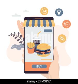 Hand hält modernes Smartphone. Kauf und Bezahlung von Fast Food in der Anwendung auf dem Handy. E-Commerce, Internet-Shop und Lieferung. Trendiger Stall Stock Vektor
