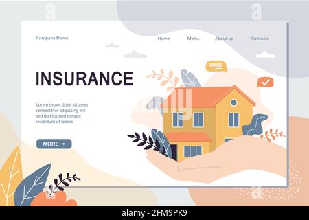Landing Page-Vorlage für Immobilienversicherungen. Haus auf der Hand mit Sorgfalt, Konzept Hintergrund. Webbanner zum Schutz der Sicherheit zu Hause. Trendige Vektorgrafik Stock Vektor