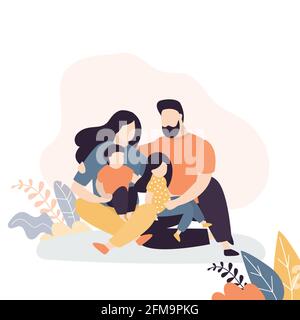 Familienportrait. Glückliche Eltern mit Kindern. Vier nette Leute sitzen. Mutter, Vater und zwei Kinder. Vektor-Illustration im trendigen Stil Stock Vektor