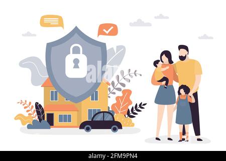 Glückliche Eltern mit Kindern. Familienportrait. Schutzschild für Eigentum, Auto und Versicherung. Sicherungsplan, Vertrag des vollständigen Versicherungsschutzes concep Stock Vektor