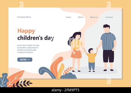 Happy Children's Day Landing Page-Vorlage. Niedliche Kinder halten sich die Hände. Teenager und kleines Kind. Hintergrund des Webposters. Trendige Vektorgrafik Stock Vektor