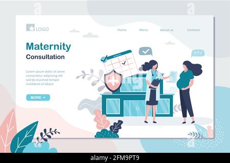 Vorlage für die Landing Page der Mutterschaftsberatung. Schönheit Schwangeren Frau bekommt Rat von Gynäkologen. Arzt gibt Schwangerschaft Beratung.Medizinische Beratung se Stock Vektor