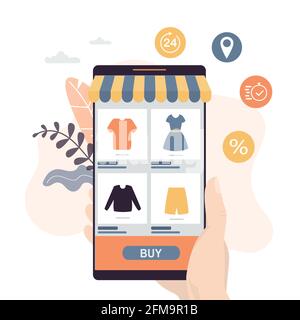 Internet-Shop-Technologie-Banner. Hand halten modernes Smartphone mit Marktplatz-Anwendung auf dem Bildschirm. Hintergrund des Auftrags-, Zahlungs- und Lieferkonzepts. Stock Vektor