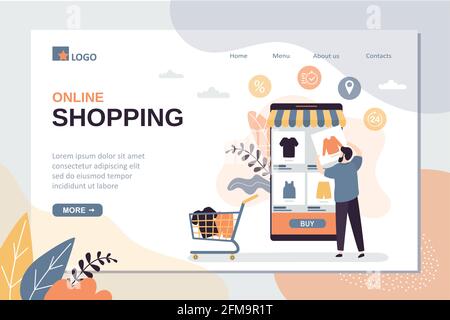 Vorlage für die Landing-Page für Online-Shopping. Technologie des Kaufs im Internet-Shop. Mobiltelefon mit Marktplatzanwendung auf dem Bildschirm. Gutaussehender Mann, Kunde Stock Vektor