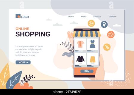 Vorlage für die Landing-Page für Online-Shopping. Internet-Shop-Technologie-Banner. Smartphone mit Handgriff und Marktplatzanwendung auf dem Bildschirm. Bestellung, Zahlung Stock Vektor