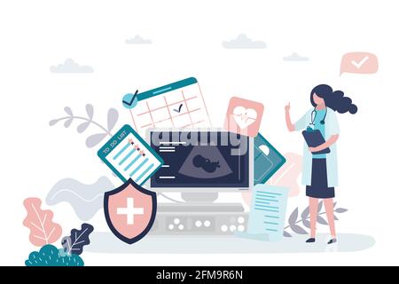 Pränatales Gesundheitskonzept. Ärztin, Ultraschallgerät und medizinische Zeichen. Schwangerschaftsplanung und To-Do-Liste. Vektor-Illustration im trendigen Stil Stock Vektor