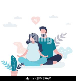 Glückliches Liebespaar, das in Lotusyogahaltung sitzt. Schönheit Schwangere Frau und schöner Mann tun Asana. Gesundheitsfürsorge und sportliche Familie. Trendiger Vektor-Illus Stock Vektor