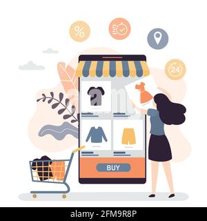 Technologie des Kaufs im Online-Shop. Modernes Smartphone mit Marktplatzanwendung auf dem Bildschirm. Frau Kunde Bestellung und Zahlung Waren. Virtuell Stock Vektor