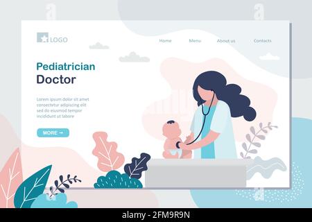 Vorlage für die Landing Page des Kinderarztes. Der Arzt hört einem Kind mit Stethoskop zu. Säugling Baby und weibliche medizinische Fachkraft oder Krankenschwester. Gesundheit ca. Stock Vektor