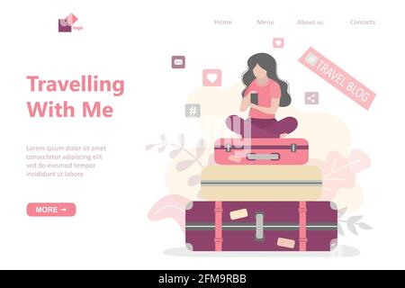 Vorlage für die Landing Page „Reisen mit mir“. Beauty-Frau Bloggerin spricht über Flüge und Reisen. Reise-Blog. Videogeschichte für soziale Netzwerke. Weiblich Stock Vektor
