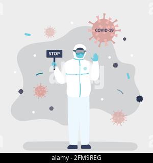 Arzt in spezieller Schutzuniform. Medizinisches Personal hält Tafel mit Text -stop. Big Virus covid-19. Schutz und Bekämpfung von Viren und Bakterien Stock Vektor