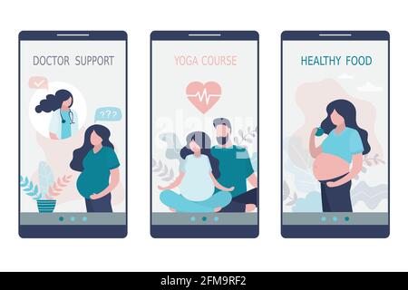 Vorlage für medizinische Anwendungsseiten für Schwangeren. Gesundheits-App auf dem Smartphone-Bildschirm. Modernes Mobiltelefon mit menschlichen Charakteren. Hilfe und Support Stock Vektor