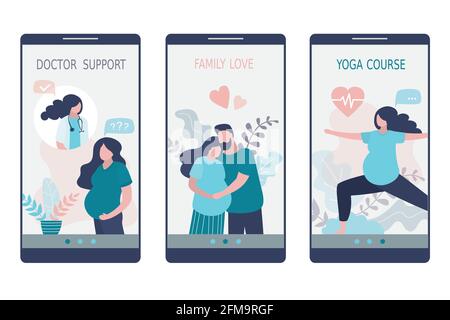 Vorlage für medizinische Anwendungsseiten für Schwangeren. Gesundheits-App auf dem Smartphone-Bildschirm. Modernes Mobiltelefon mit menschlichen Charakteren. Hilfe und Support Stock Vektor