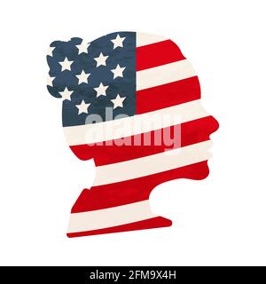 Schwarze detailreiche, realistische Womans Gesicht Profil mit USA Flagge auf Weiß Stock Vektor