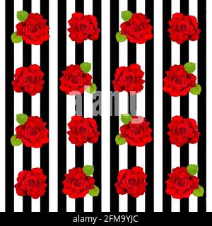 Rote Rosen auf gestreiftem Nahtlosmuster. Floraler Hintergrund im Retro-Stil Stockfoto