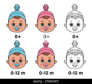 Für Neugeborene geeignet. Niedliches Babygesicht-Icon-Set. Sicher für das Kind von Geburt an. Erlaubt ab 0 Monaten. Kleiner Junge oder Mädchen im ersten Jahr mit Schnuller. Vektor Stock Vektor