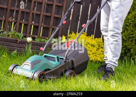 Der Mann mäht das Gras im heimischen Garten. Stockfoto